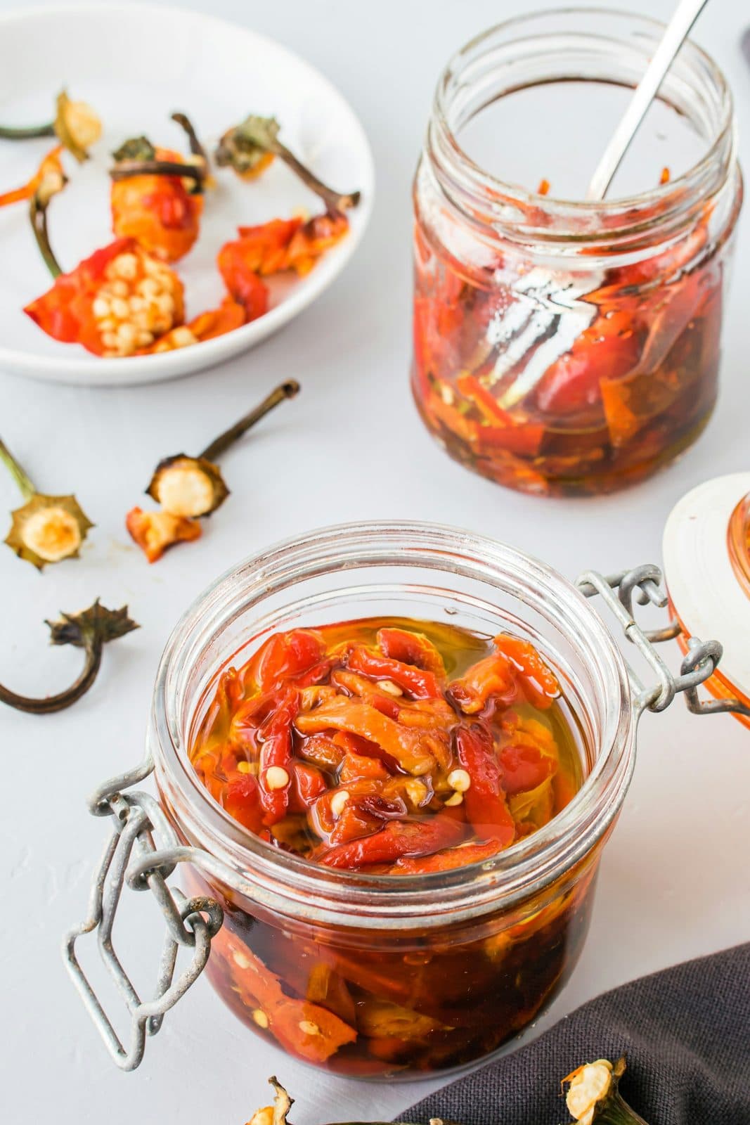 Red chilli pickle in glass jars