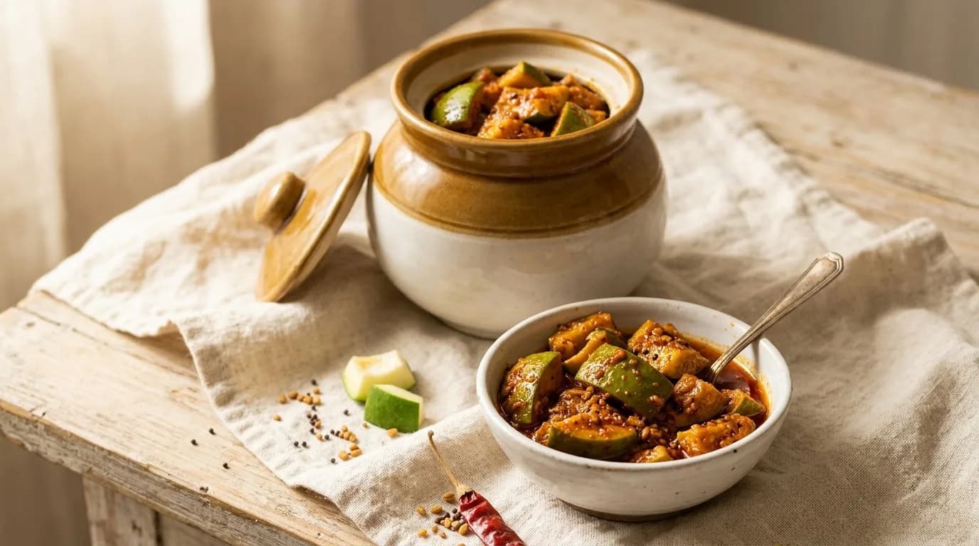 Aam ka Achaar in a ceramic barni