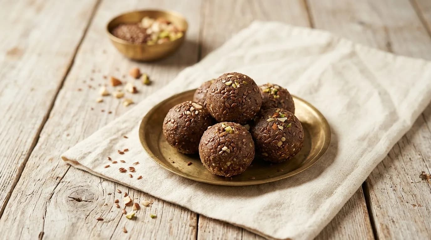 Alsi Dryfruit Laddoo on a brass plate