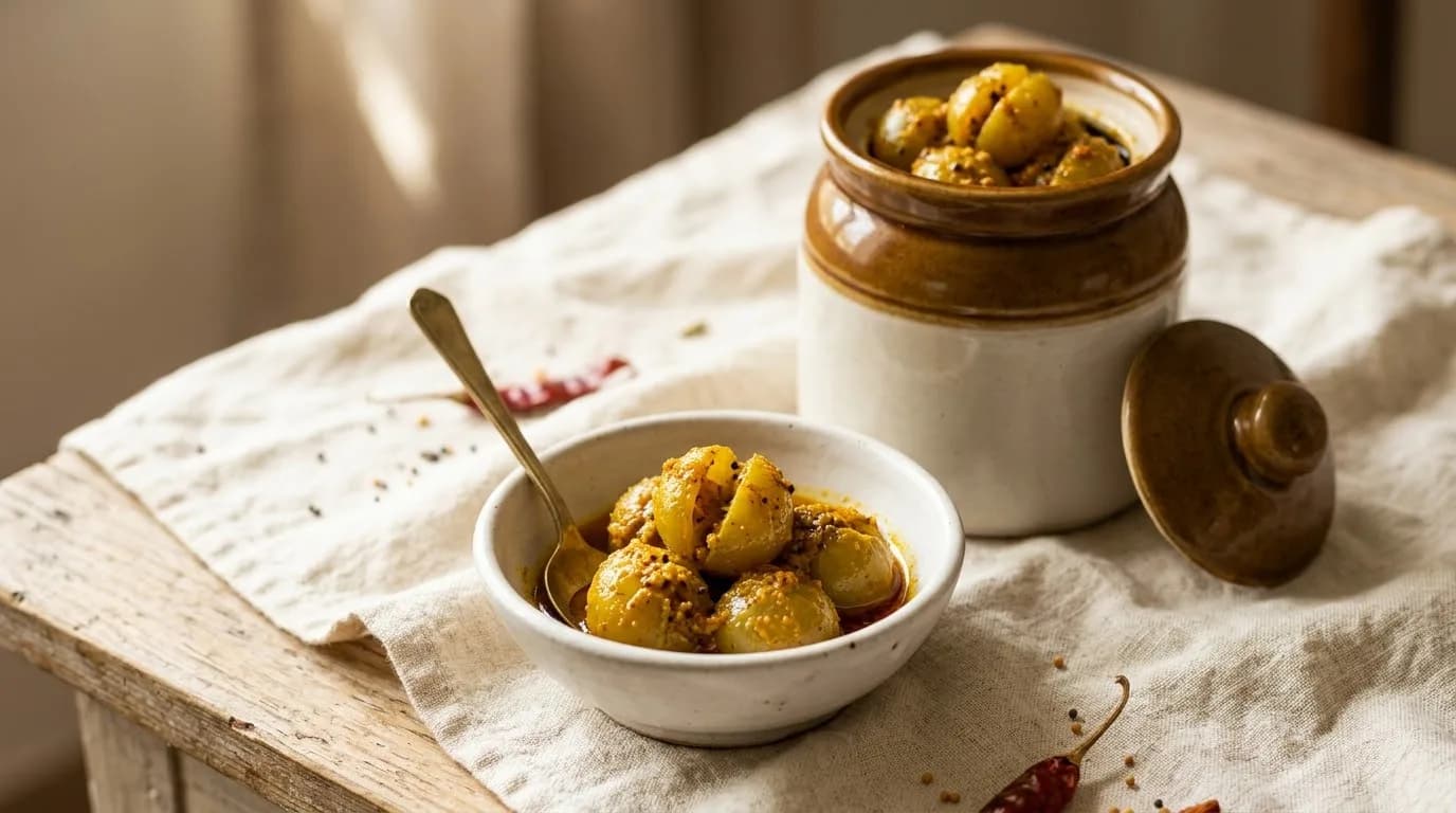 Amla ka Achaar in a ceramic barni