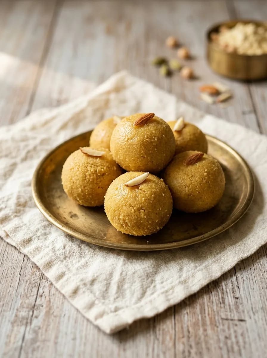 Besan Laddoo on a brass plate