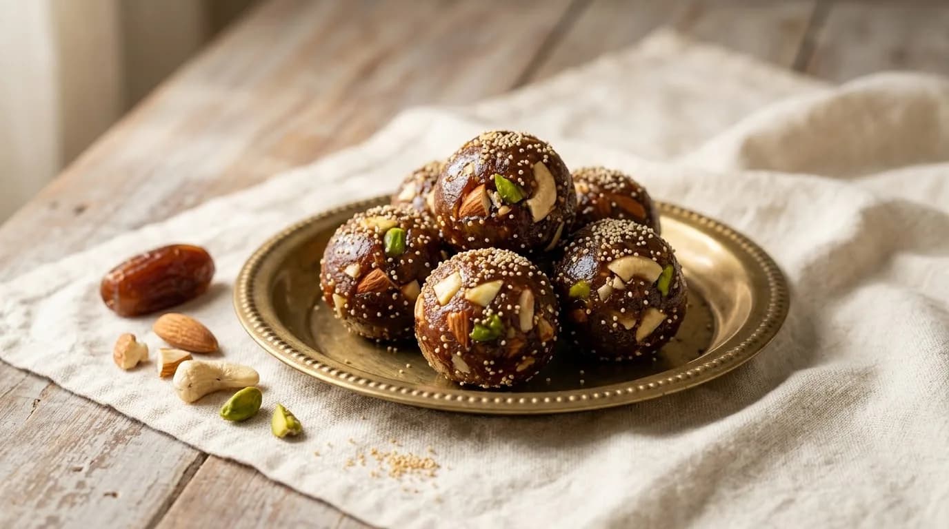 Khajur Dryfruit Laddoo on a brass plate