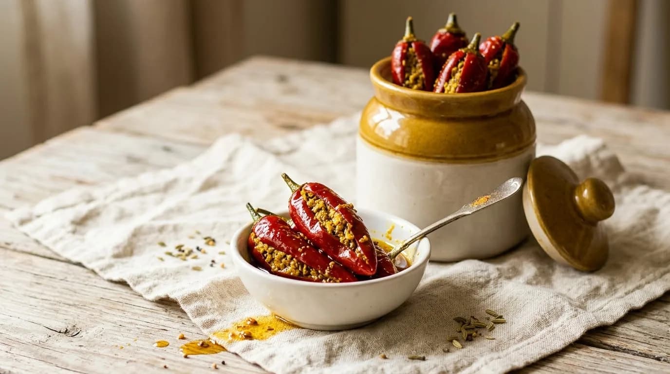 Lal Mirch ka Achaar in a ceramic barni