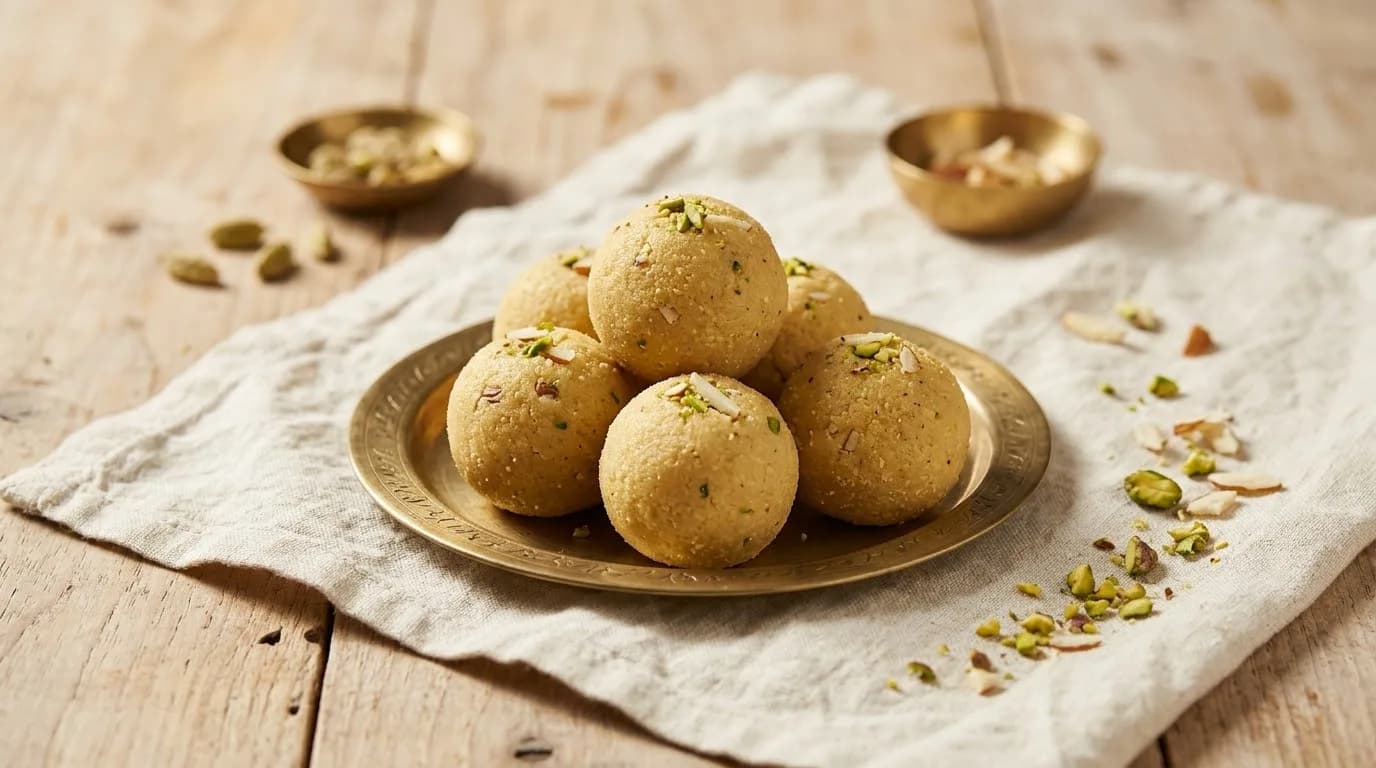 Moong Dryfruit Laddoo on a brass plate