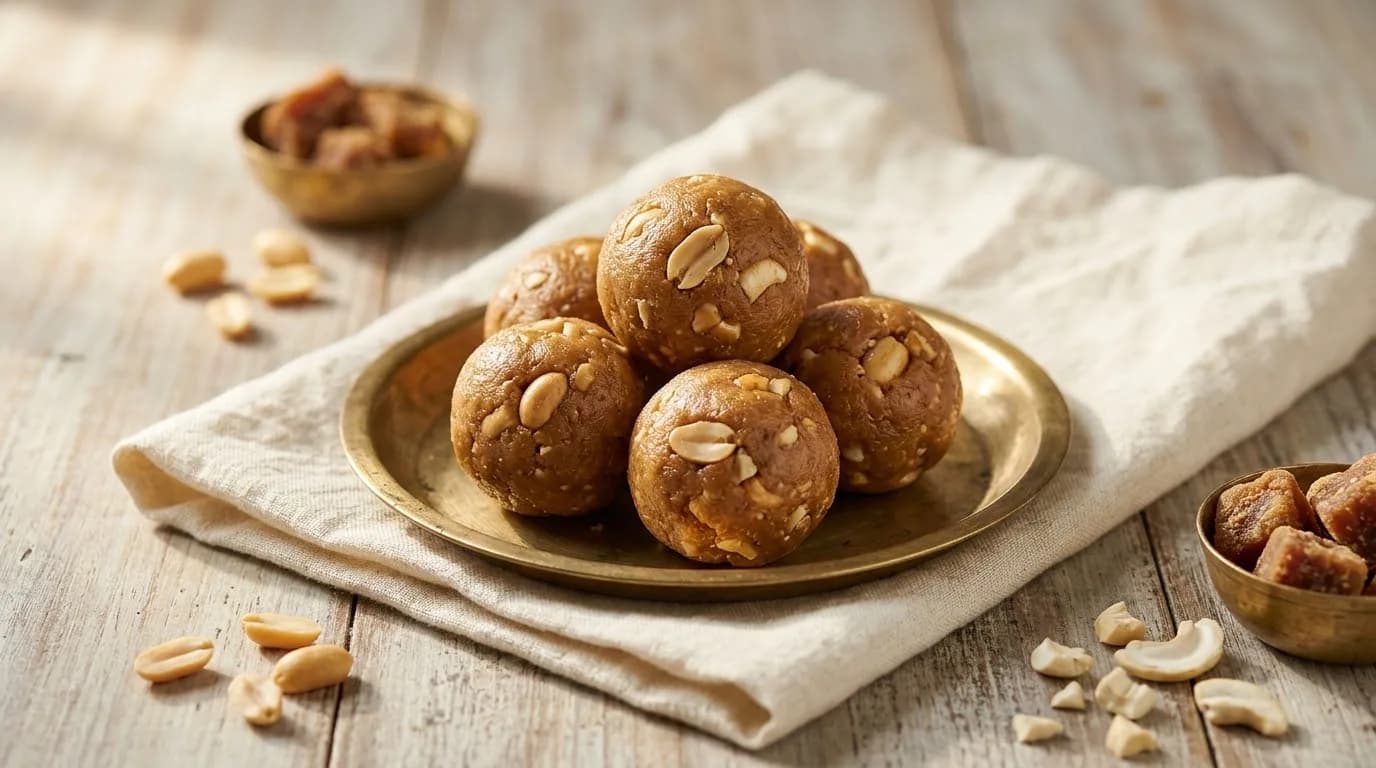Peanut Dryfruit Laddoo on a brass plate